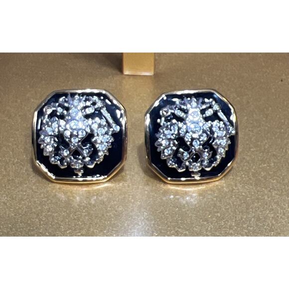 Joan Rivers Black Silver Double Headed Eagle Clip On Earrings Signed 1" x 1" - Picture 1 of 7